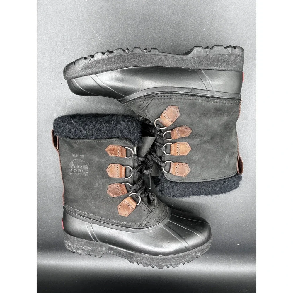 Sorel Alpine‎ Mens 8 Black Leather Waterproof Snow Winter Duck Boots Made Canada